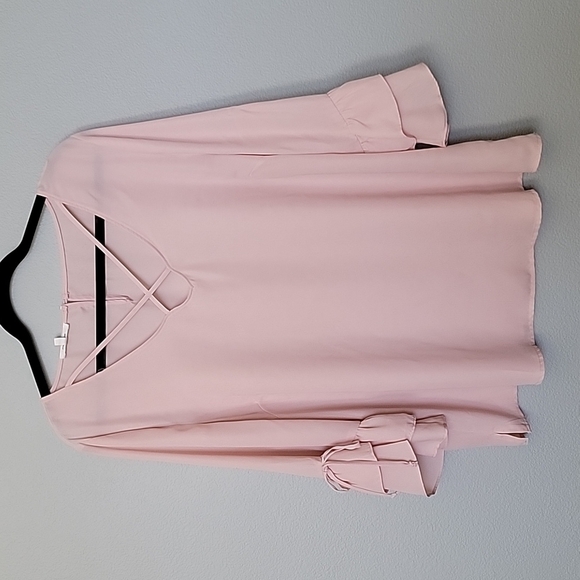 Maurice's Girly Dressy Office Size 1X Sheer Pink Ruffle Bell Sleeve Blouse - Picture 2 of 10